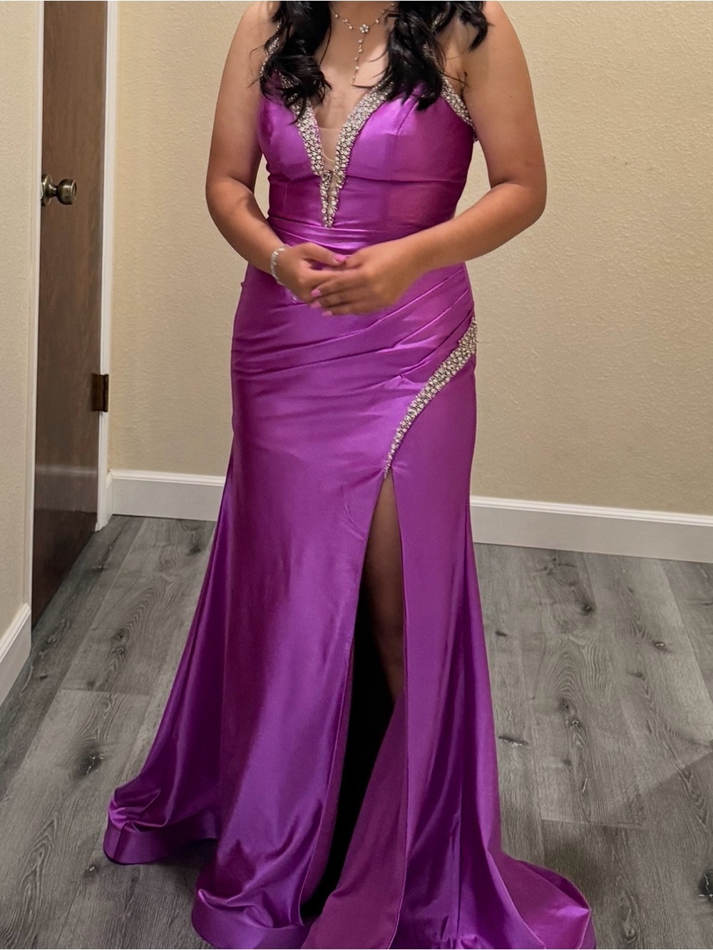 Source Unknown Vibrant Purple Satin Prom Dress with Crystal Accents